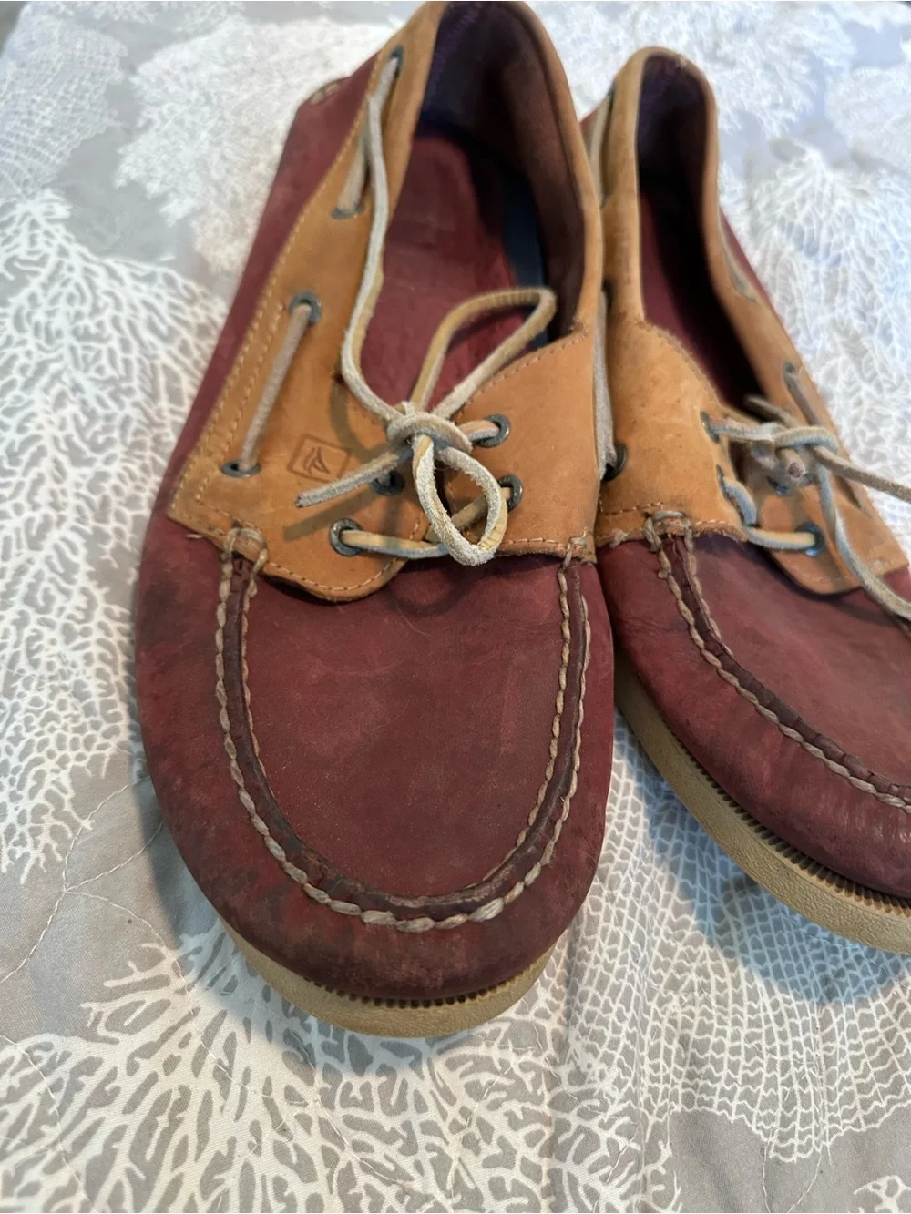 Sperry Two-Tone Suede Boat Shoes in Burgundy and Tan